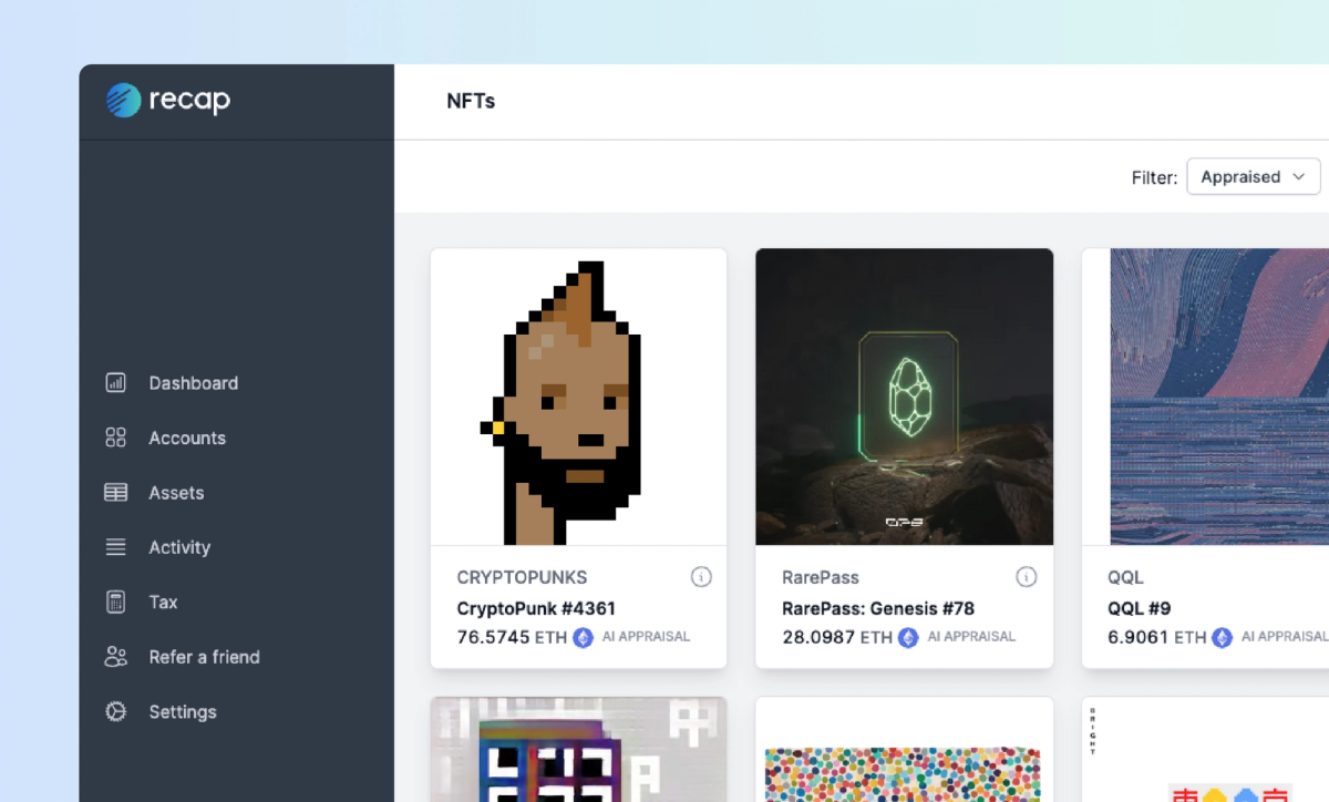 Screenshot of Recap's NFT gallery with Crypto Punk #4361, RarePass Genesis and QQL #9 on view