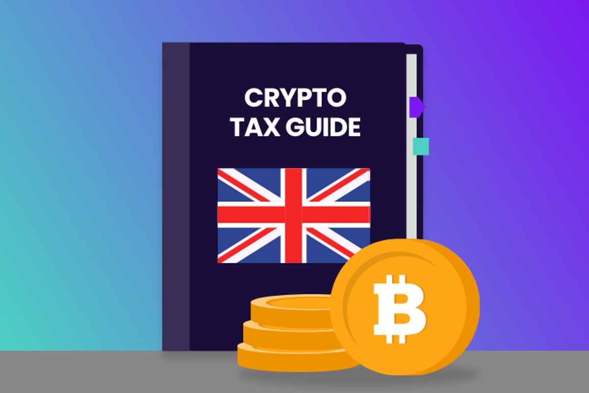 An illustration of a book "Recap's crypto tax guide" with an image of the Union Jack (UK) flag and a pile of Bitocoin.