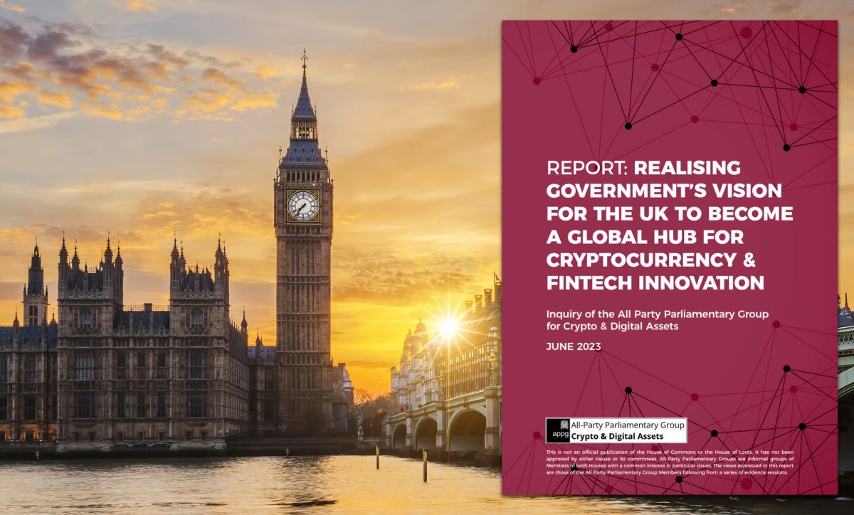 Sunset over the Houses of Parliament and big ben with the cover of the APPG crypto and digital report overlayed.