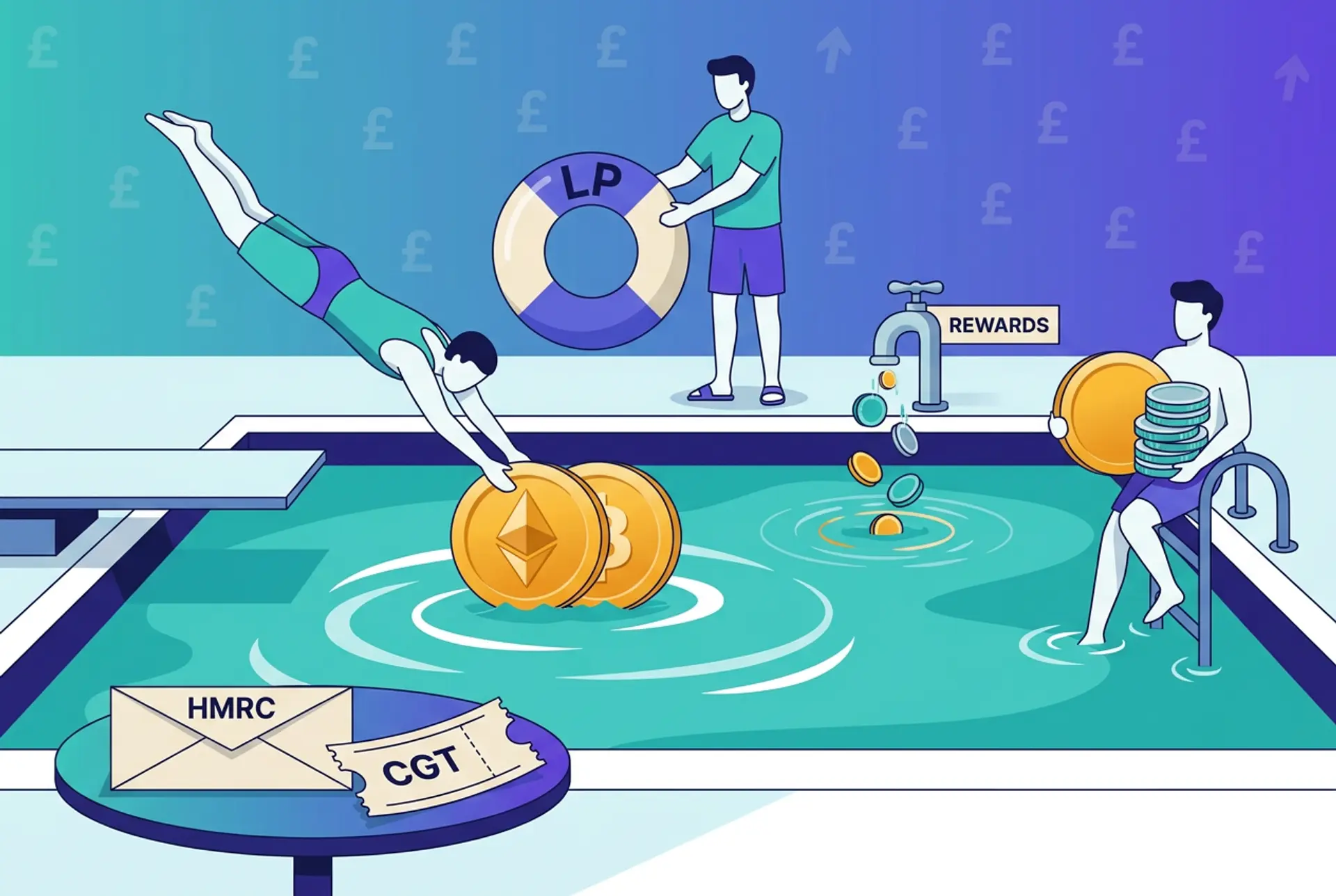 Narrative flat-vector illustration for a UK liquidity pool tax article: a liquidity pool shown literally as a swimming pool, with a figure diving in holding two large gold token coins while a poolside attendant hands over an inflatable ring stamped LP, a REWARDS tap trickling small coins into the water, and a figure climbing out via a ladder with a mismatched pair of coins illustrating impermanent loss, beside a plain HMRC-labelled envelope and a CGT ticket, on Recap's teal-to-violet house gradient with a faint £ glyph pattern and no HMRC crest or official mark shown.