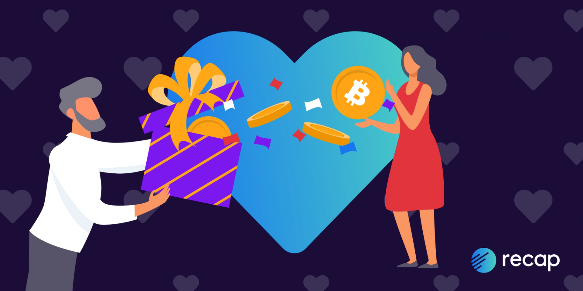 Illustration of a man holding a gift and coins trailing out of it, a woman catches a bitcoin. In the background a giant heart.