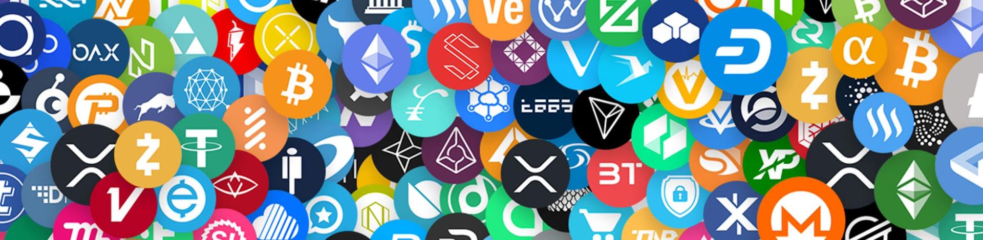 Lots of overlapping cryptocurrency tokens including Bitcoin, Ethereum, Dogecoin, Tether, Monero and XRP.