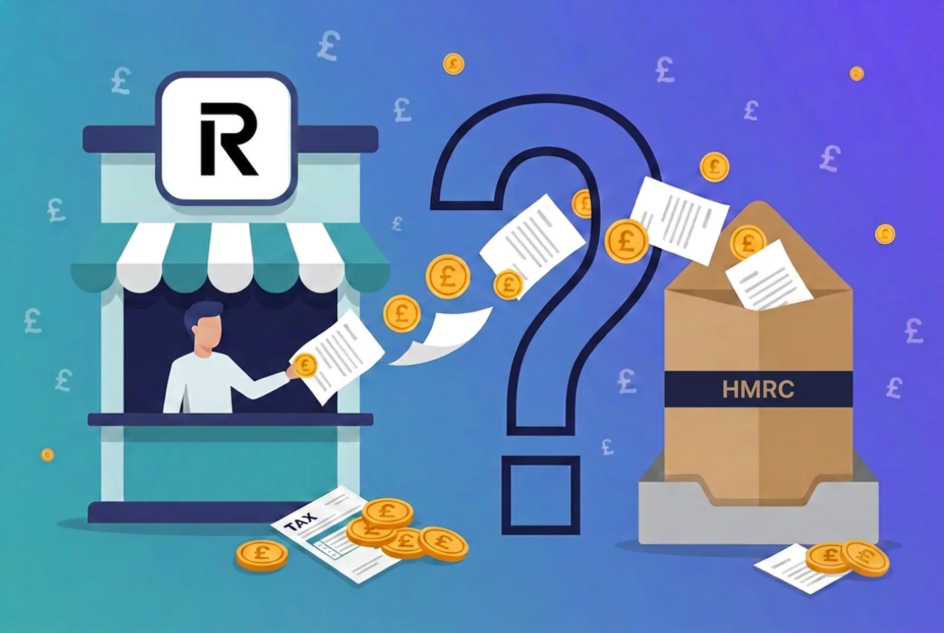 Narrative flat-vector illustration for the UK 'Does X report to HMRC?' series: a crypto exchange kiosk with the real Revolut mark centred on its front sign hands documents and gold £ coins through a large outlined question-mark gate into an oversized kraft HMRC envelope on an in-tray, on Recap's house teal-to-violet gradient with a faint pound-sterling glyph pattern.