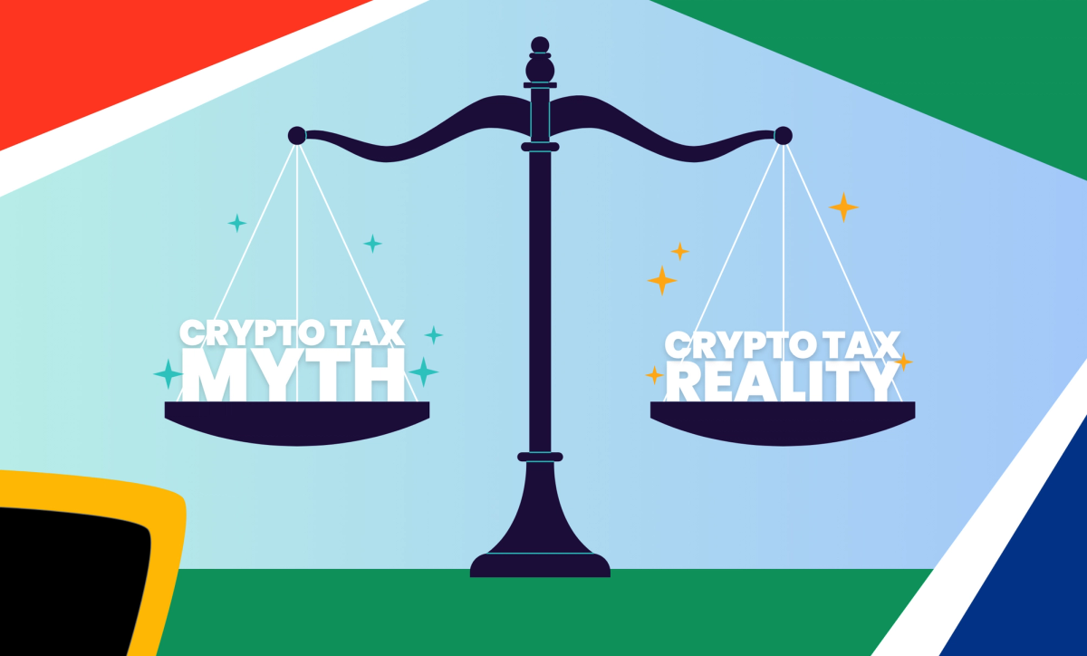 A set of scales balancing two phrases "crypto tax myths" and "crypto tax reality" surrounded by elements of the South African flag.