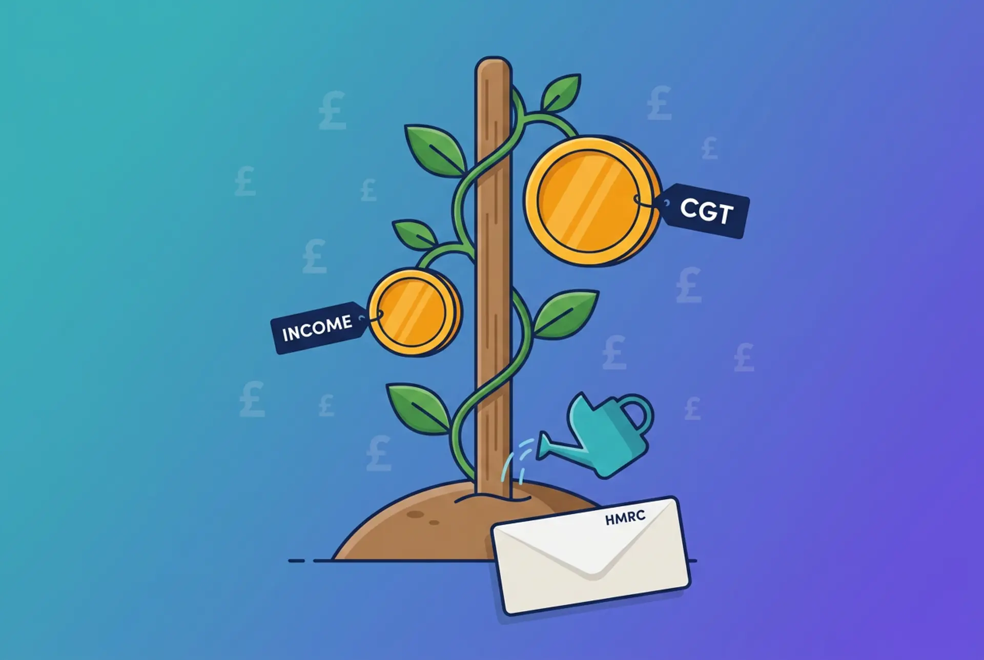Editorial single-metaphor icon for a UK crypto staking tax article on Recap's house teal-to-violet gradient: staking shown literally as a garden stake with a climbing vine bearing two gold coin-fruits, a smaller one tagged INCOME (staking rewards taxed as income when received) and a larger one tagged CGT (capital gains tax on eventual disposal), a teal watering can at the base, and a plain HMRC-labelled envelope in the foreground with no crest or official mark, with a faint £ glyph pattern.