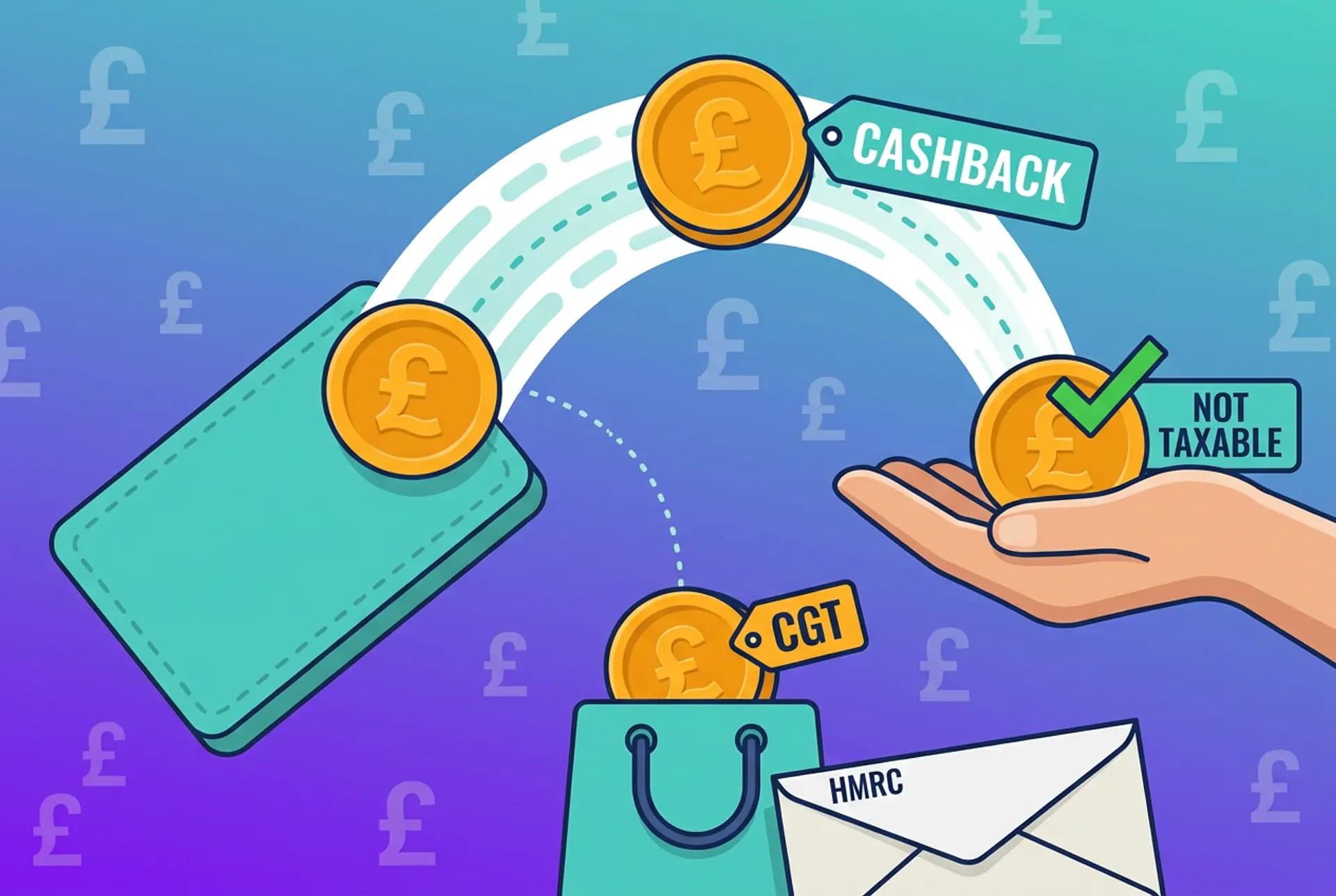 Editorial single-metaphor icon for a UK crypto cashback tax article on Recap's house teal-to-violet gradient: cashback shown literally as a gold coin boomerang thrown from a generic unbranded card and arcing back into an open hand stamped NOT TAXABLE (ordinary retail cashback is not taxable income), with a smaller coin tagged CGT beside a shopping bag showing that selling or spending the rewarded crypto later can trigger capital gains tax, and a plain HMRC-labelled envelope corner with no crest or official mark, with a faint £ glyph pattern.