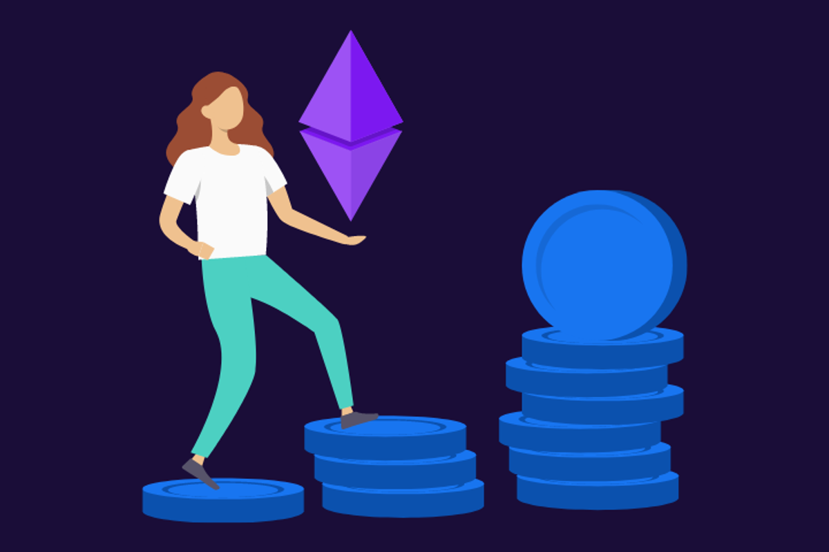 Woman staking with Ethereum, rewards getting higher.