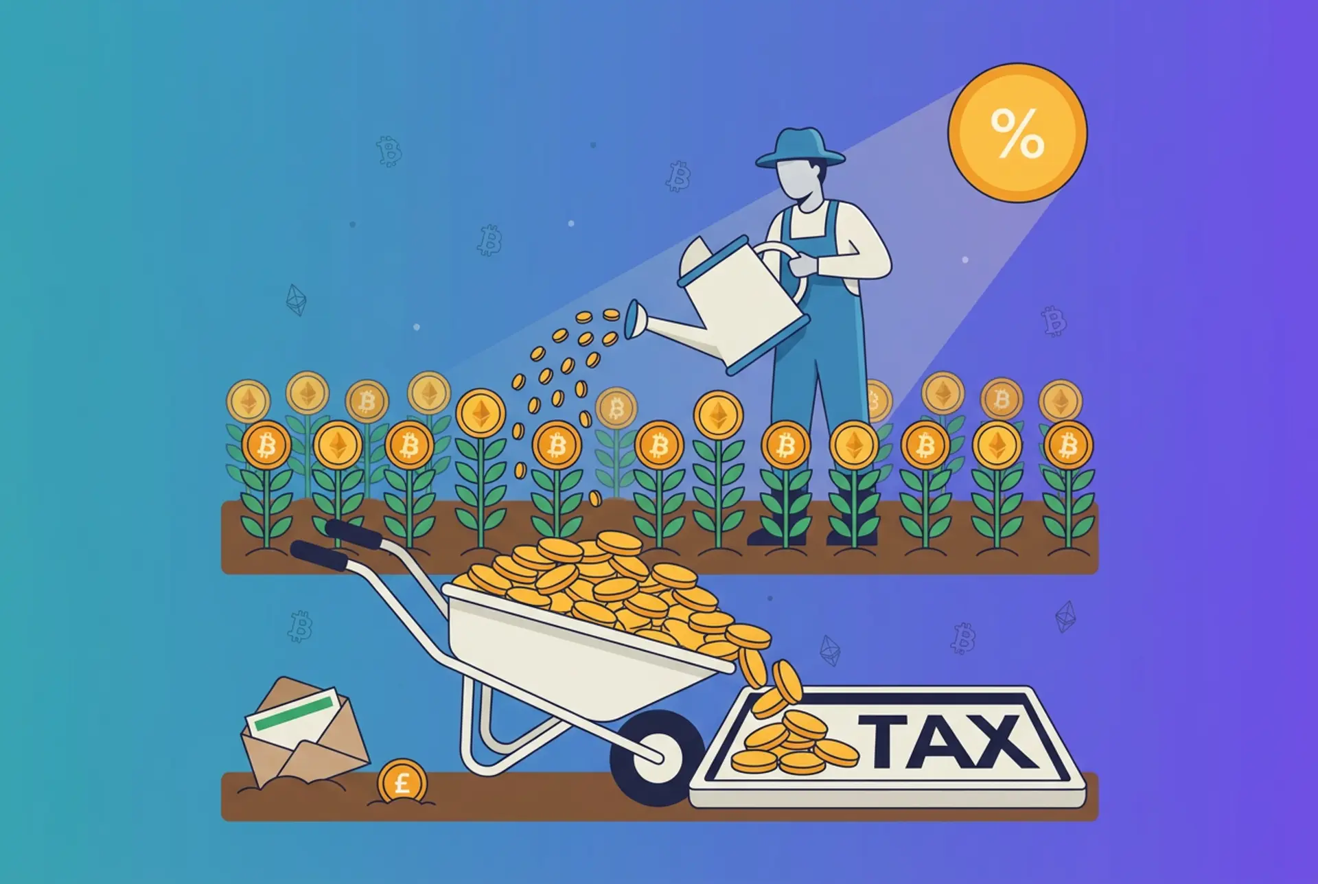 Editorial single-metaphor icon for UK yield farming tax on Recap's house teal-to-violet gradient: a flat-vector farmer waters rows of coin-headed crypto plants under a percentage-sign sun, then tips part of the harvested gold coins from an overflowing wheelbarrow into a tray labelled TAX beside a plain HMRC-style brown envelope.