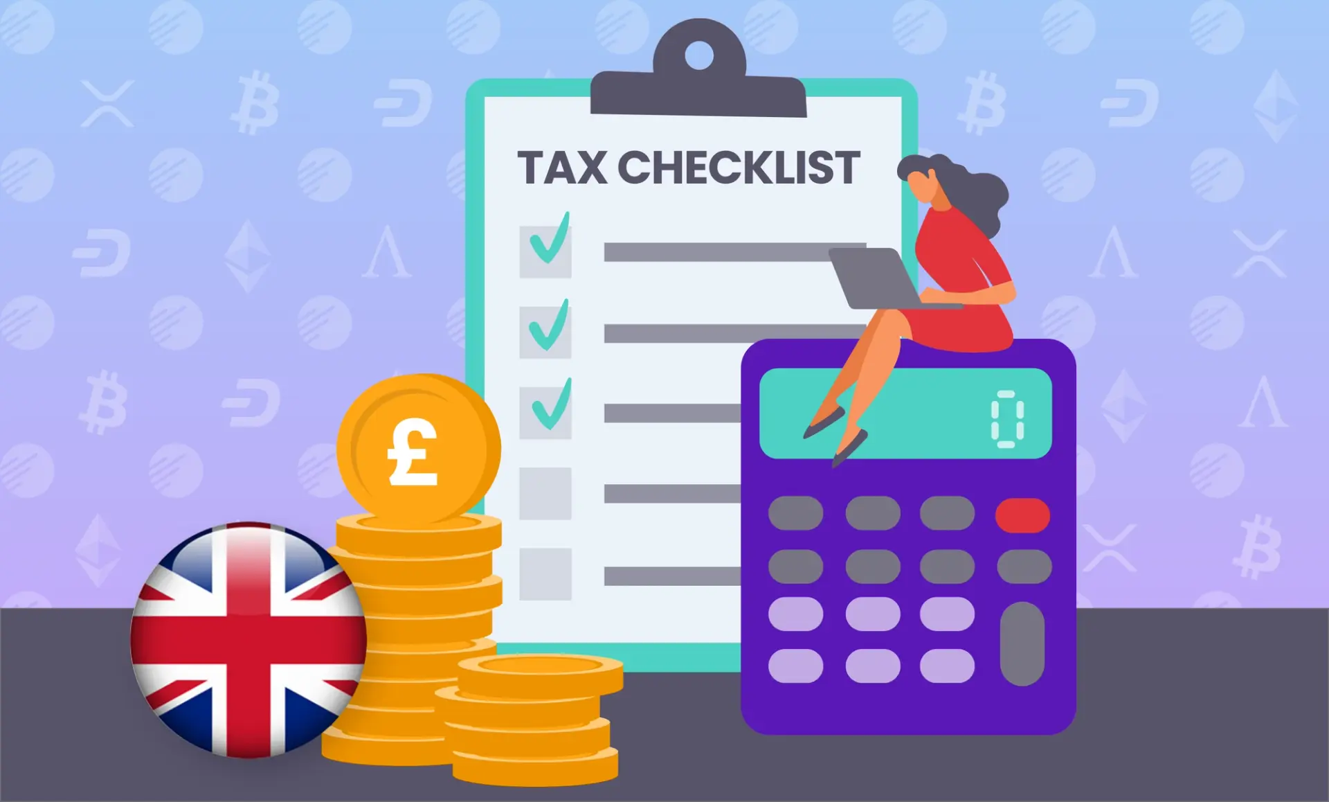 An illustration of a female working on a laptop sat on top of a calculator. In the background there are piles of Bitcoin, a Union Jack and a clipboard checklist with 3 boxes ticked and two empty. 
