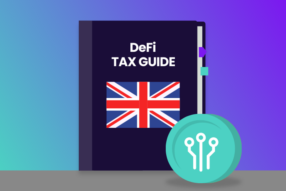 A book titled DeFi tax guide with an illustration of the Union Jack flag on the cover.