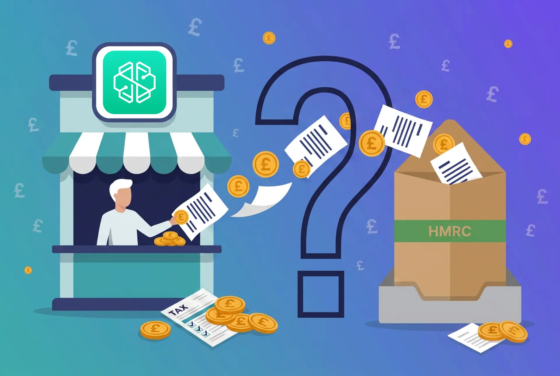 Narrative flat-vector illustration for the UK 'Does X report to HMRC?' series: a SwissBorg kiosk with the real SwissBorg mark centred in a clean square sign slot hands documents and gold £ coins through a large outlined question-mark gate into an oversized kraft HMRC envelope on an in-tray, on Recap's house teal-to-violet gradient with a faint pound-sterling glyph pattern.