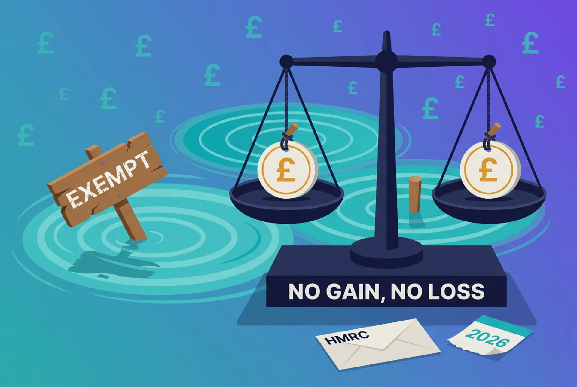 Narrative flat-vector illustration for a UK policy article on HMRC's stablecoin taxation consultation: a balanced ink-navy scale holds an identical pegged £ stablecoin on each pan labelled NO GAIN, NO LOSS, while a cracked wooden EXEMPT signpost sinks in a rippling DeFi liquidity pool beside a plain text-only HMRC envelope and a 2026 calendar page, on Recap's house teal-to-violet gradient with a faint £ glyph pattern.