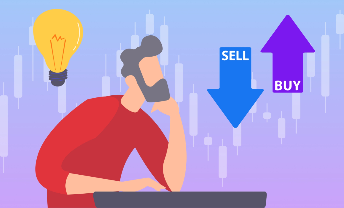 Illustration of a male in thought. A lightbulb hovering by his head suggests idea and he is looking at arrows pointing up and down saying buy and sell. The background is a candlestick chart.