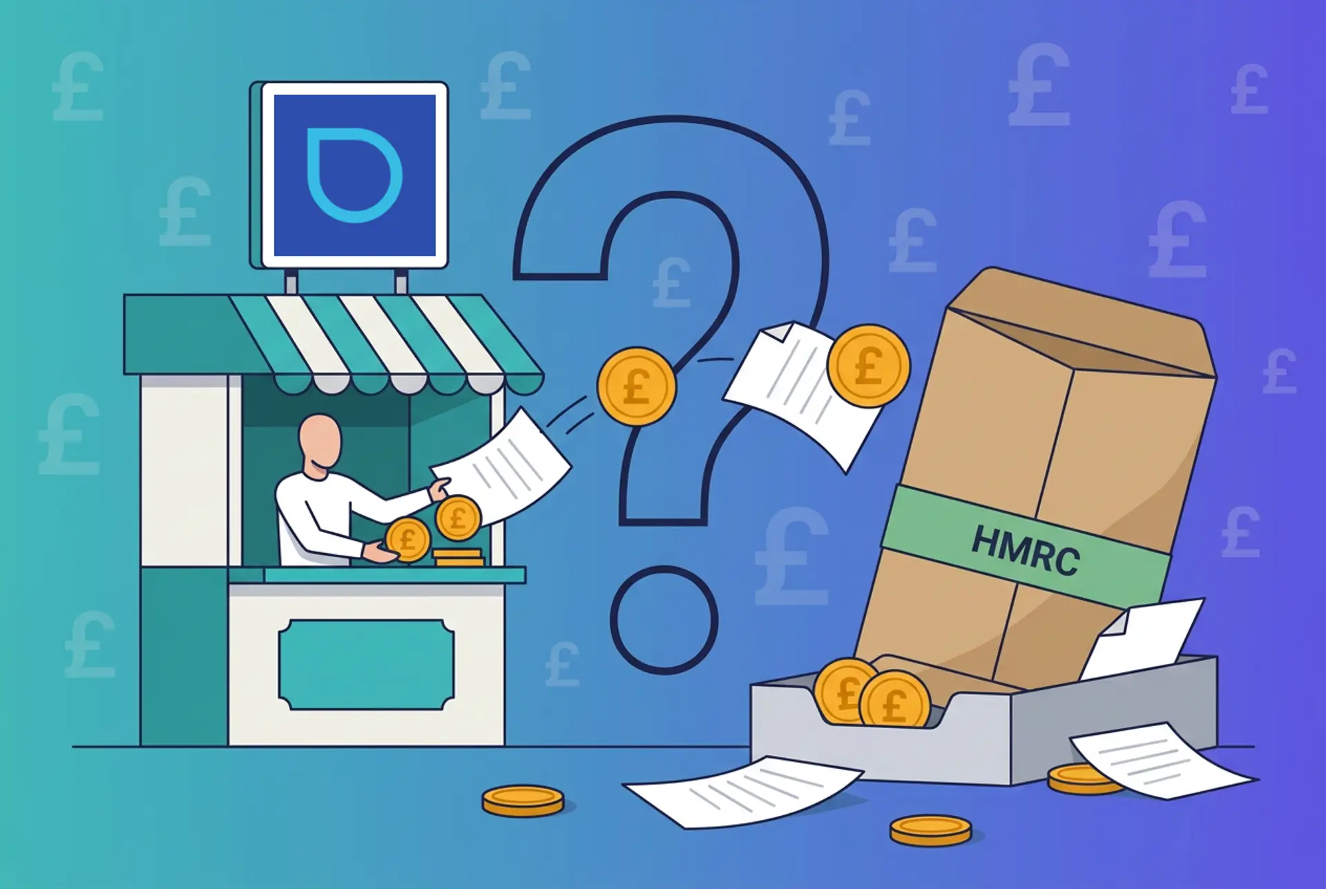 Narrative flat-vector illustration for the UK 'Does X report to HMRC?' series: a CoinCorner exchange kiosk with the real CoinCorner drop-shaped 'D' mark centred in a blank white sign tile hands documents and gold £ coins through a large outlined question-mark gate into an oversized kraft HMRC envelope on an in-tray, on Recap's house teal-to-violet gradient with a faint pound-sterling glyph pattern.