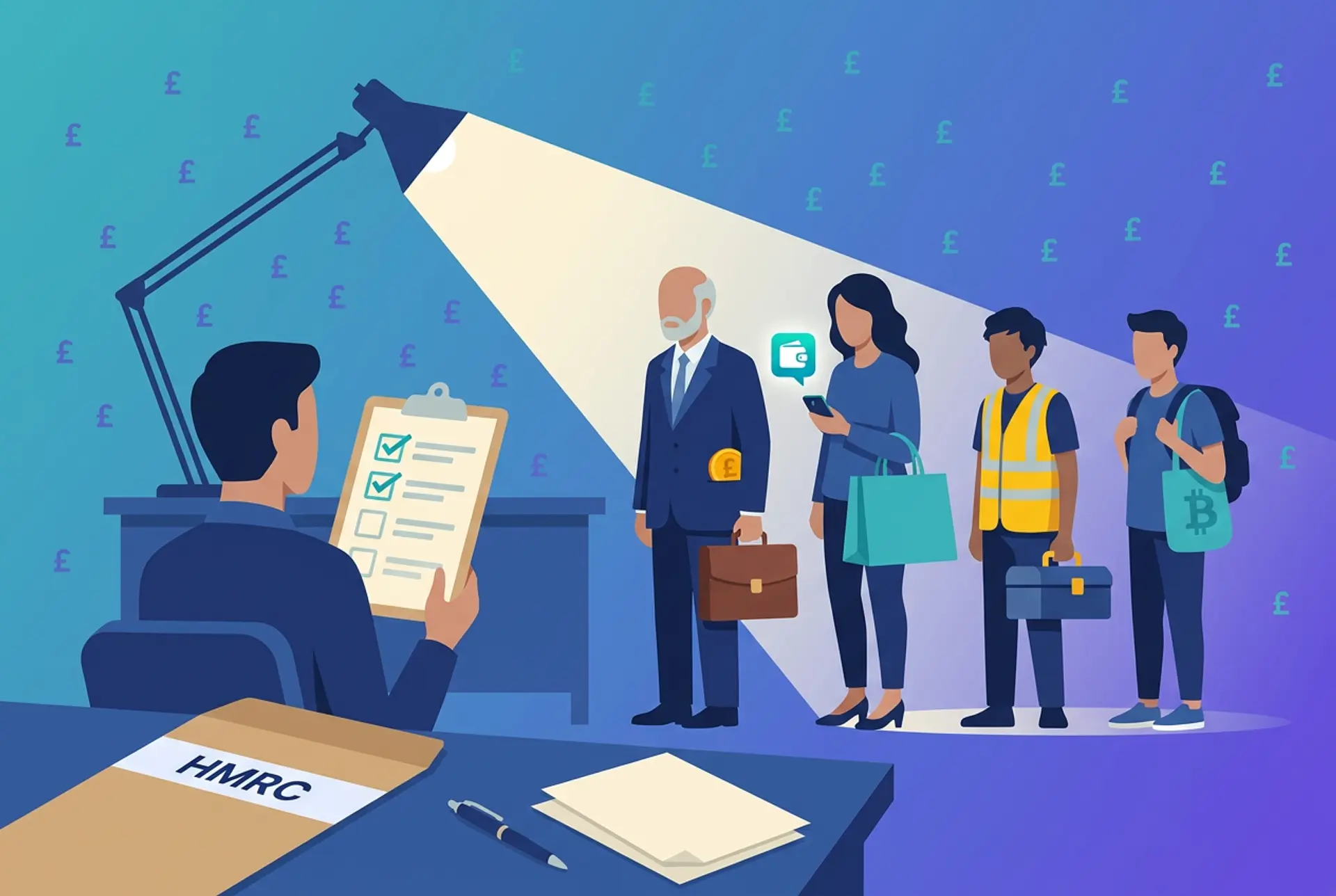 Narrative flat-vector illustration for a UK accountancy-firm article on how many crypto clients firms really have: an accountant reviews a checklist as a desk lamp's beam sweeps across a queue of ordinary-looking clients (besuited man, shopper, hi-vis tradesperson, backpacked student), revealing a hidden gold coin, a glowing teal wallet-app icon and a small bitcoin glyph only within the light, with a plain text-only HMRC envelope on the desk, on Recap's house teal-to-violet gradient with a faint pound-sterling glyph pattern.