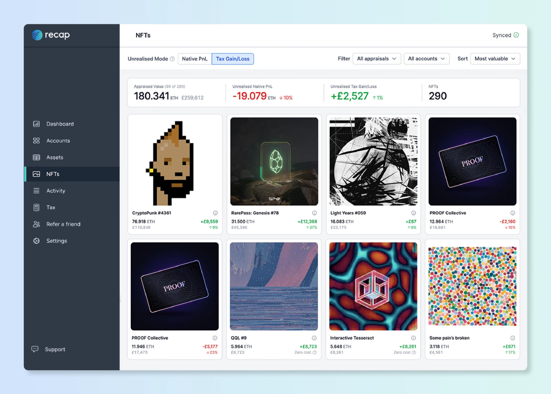 Screenshot of Recap NFT gallery with tax gain/loss toggled