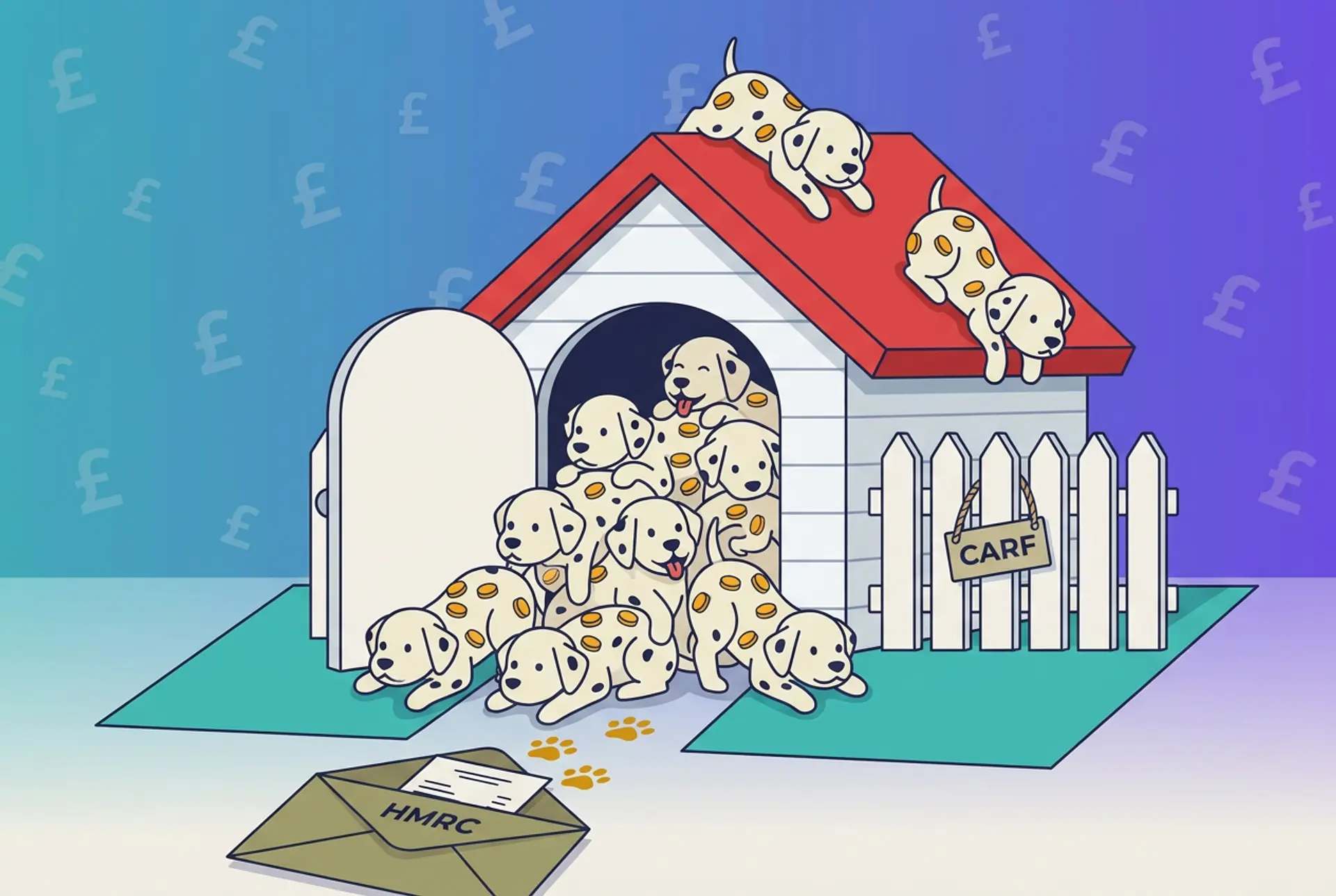 Editorial still-life flat-vector illustration for a UK crypto tax compliance article: an overflowing red-roofed kennel spills dalmatian puppies with gold-coin spots out of its door and roof, beside a plain text-only HMRC envelope and a small CARF tag on the garden fence, on Recap's house teal-to-violet gradient with a faint pound-sterling glyph pattern.