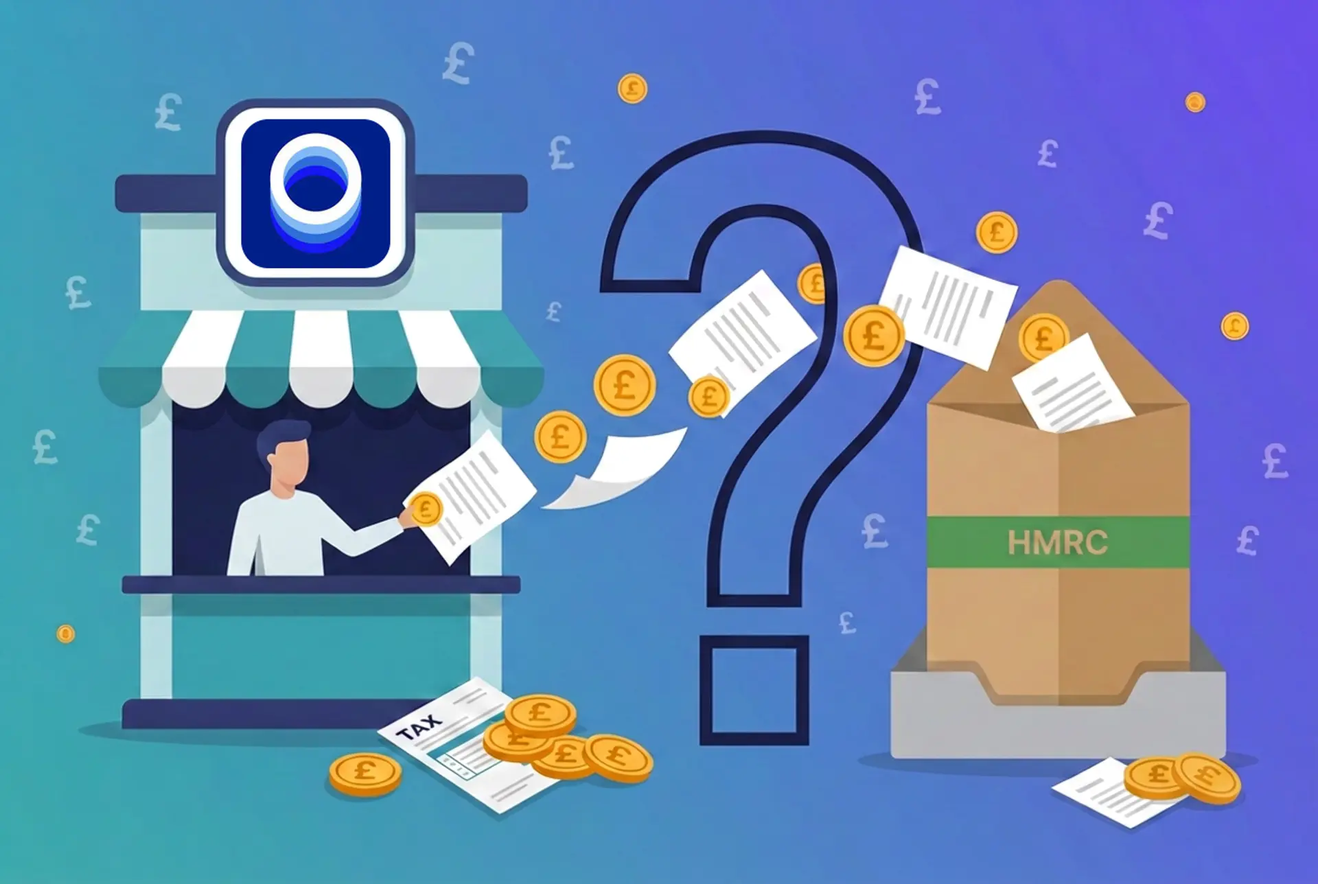 Narrative flat-vector illustration for the UK 'Does X report to HMRC?' series: a Luno exchange kiosk with the real Luno mark centred in a flat white sign tile hands documents and gold £ coins through a large outlined question-mark gate into an oversized kraft HMRC envelope on an in-tray, on Recap's house teal-to-violet gradient with a faint pound-sterling glyph pattern.