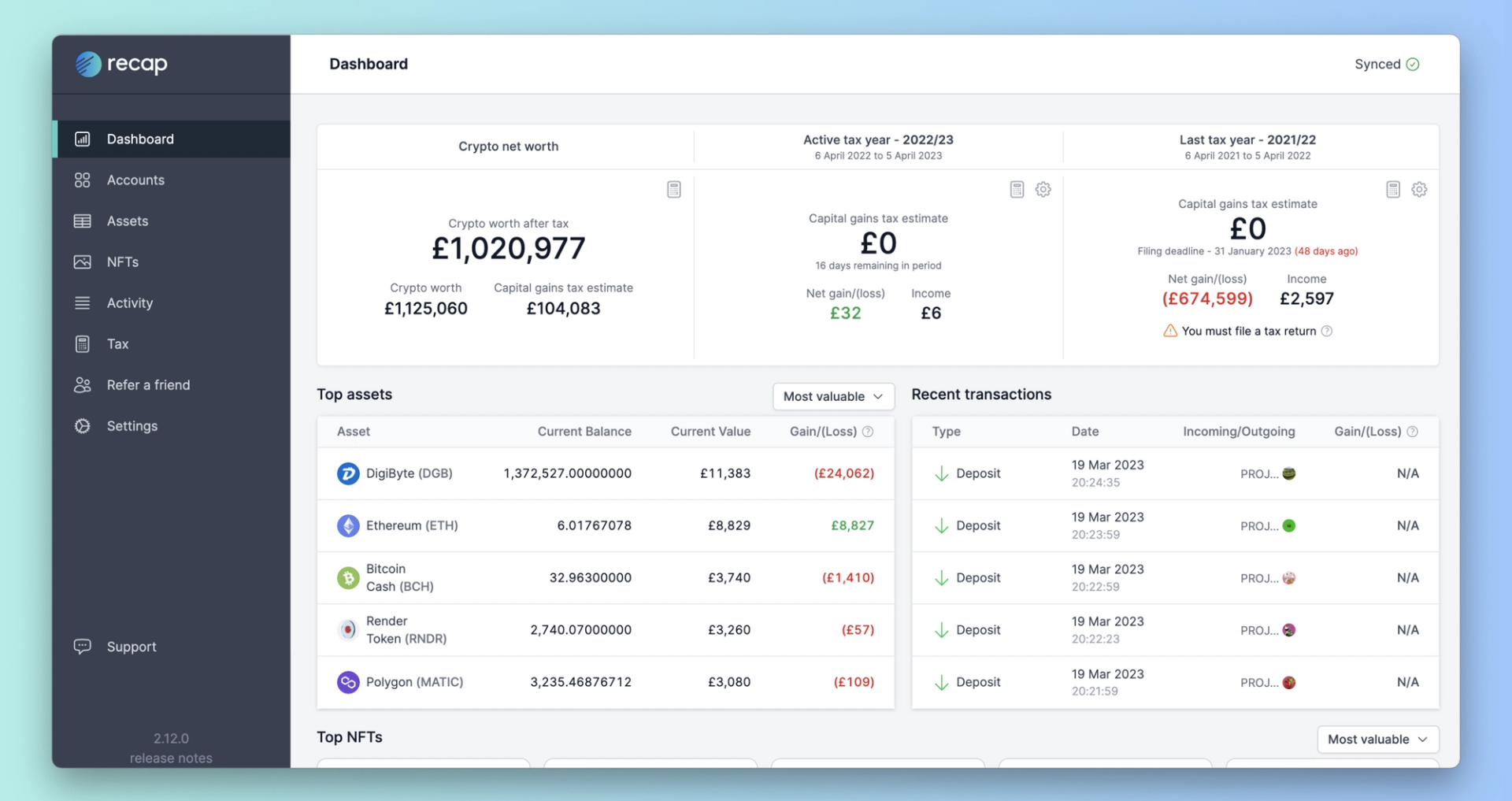 A screenshot of Recap's dashboard for UK individuals showing the top and lowest performing assets