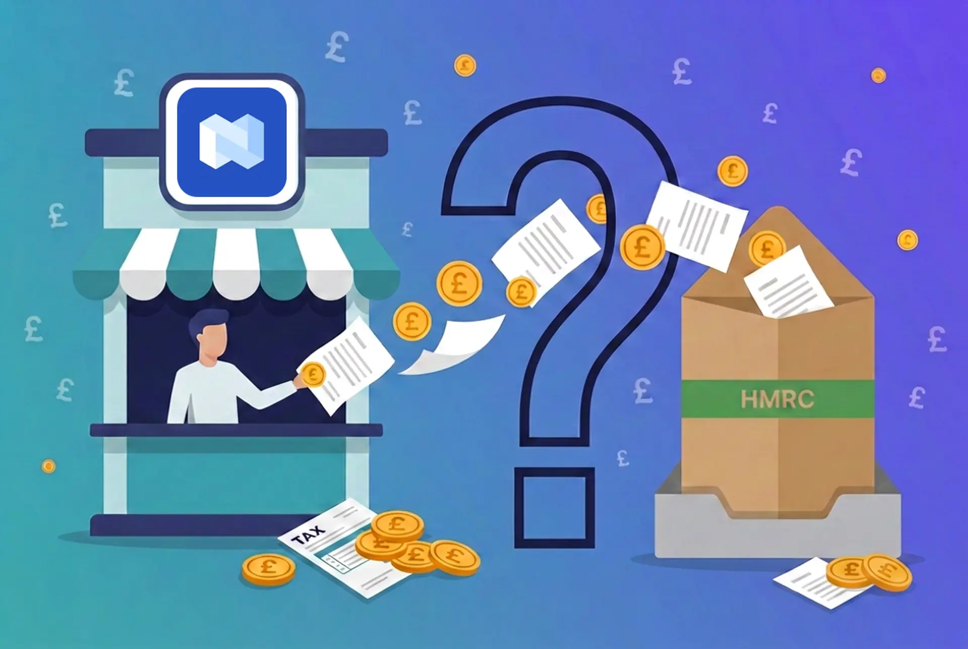 Narrative flat-vector illustration for the UK 'Does X report to HMRC?' series: a Nexo exchange kiosk with the real Nexo mark composited cleanly on its front sign hands documents and gold £ coins through a large outlined question-mark gate into a kraft-brown HMRC envelope on an in-tray, on Recap's house teal-to-violet gradient with a faint pound-sterling glyph pattern.