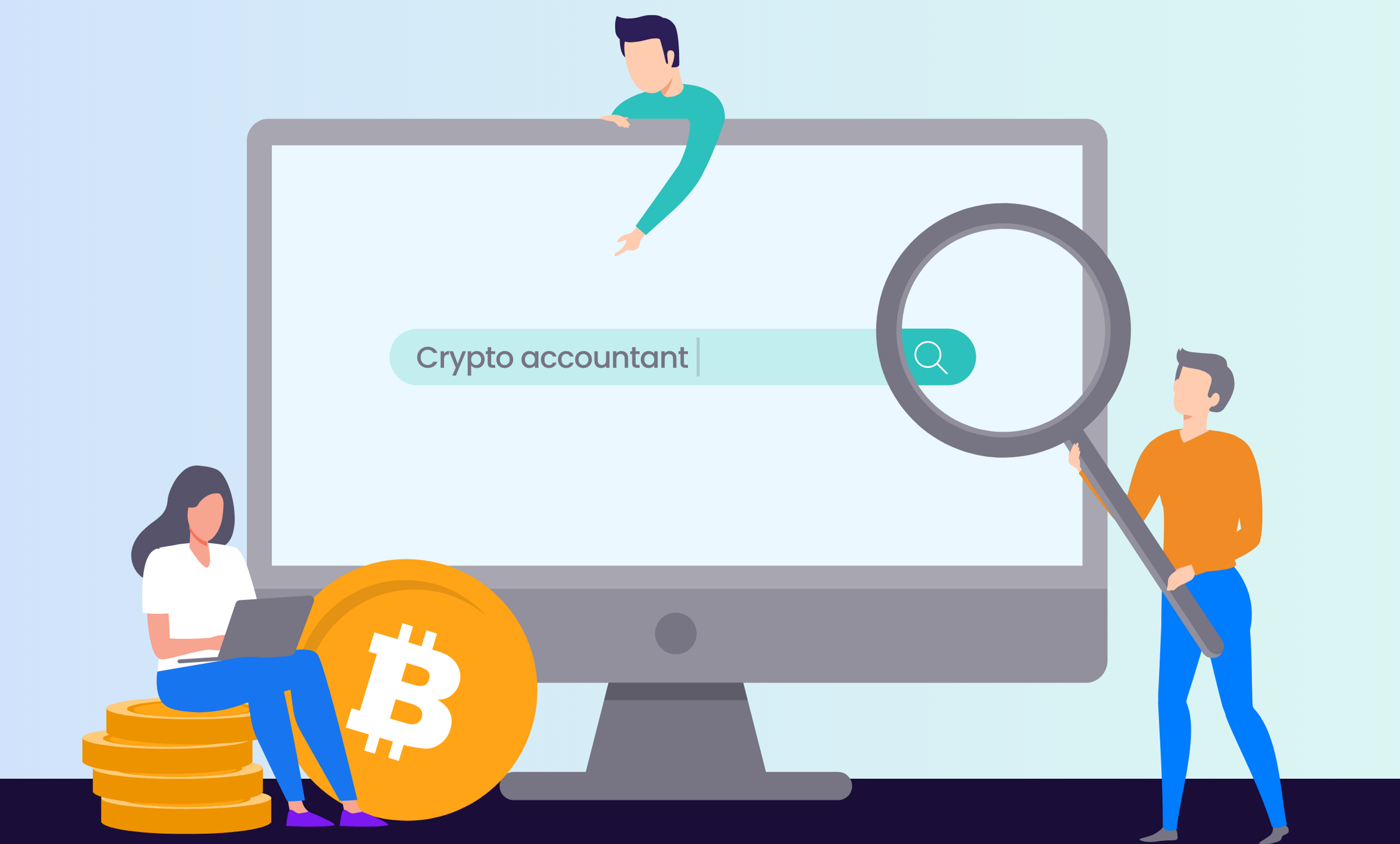 An illustrator of two males and a female searching the internet for a crypto accountant