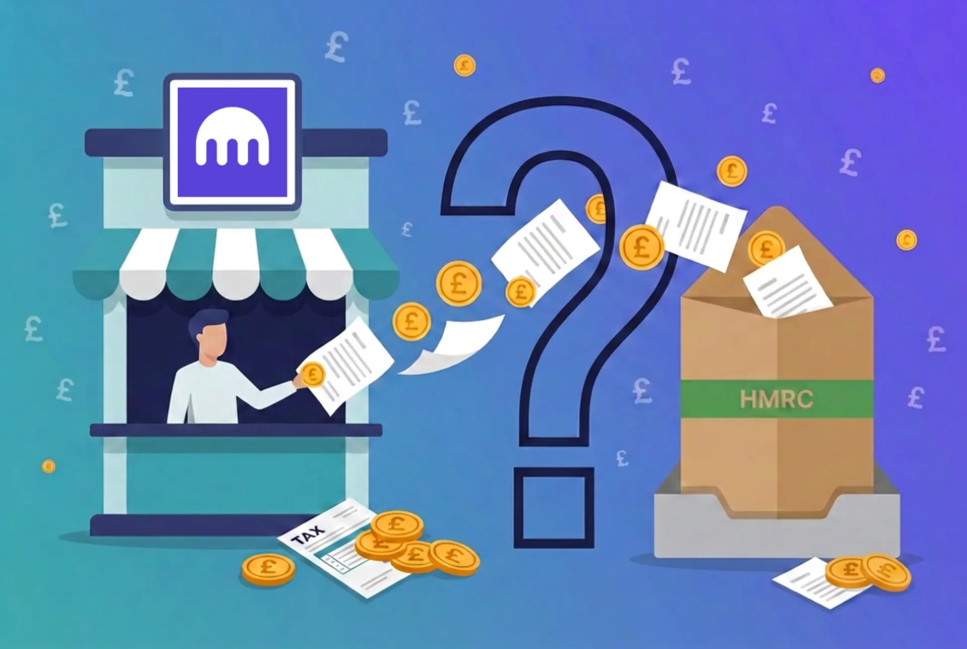 Narrative flat-vector illustration for the UK 'Does X report to HMRC?' series: a Kraken exchange kiosk with the real Kraken octopus mark centred in a white sign tile hands documents and gold £ coins through a large outlined question-mark gate into a kraft-brown HMRC envelope on an in-tray, on Recap's house teal-to-violet gradient with a faint pound-sterling glyph pattern.