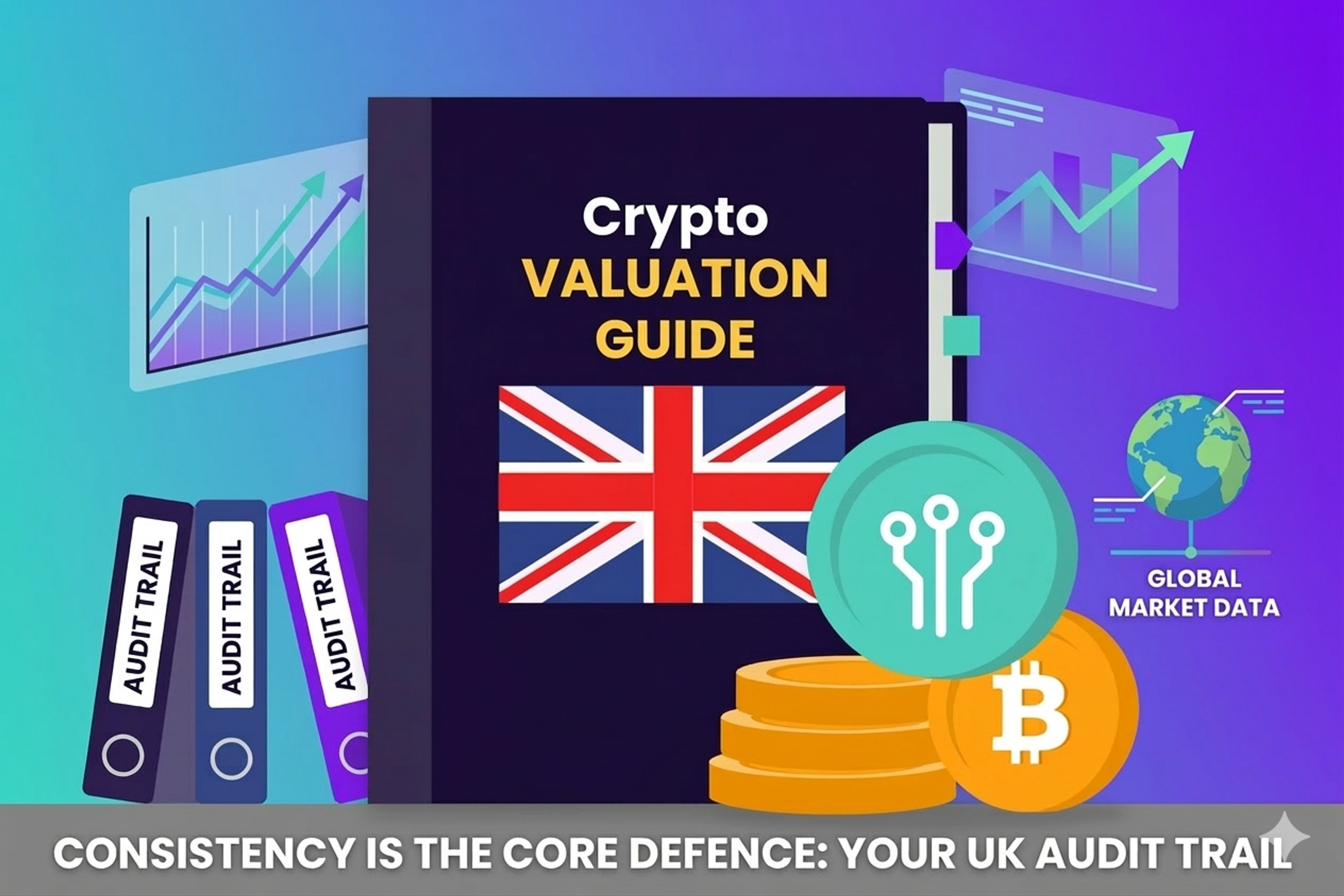 Abstract illustration of cryptocurrency tokens being converted into British pounds for tax valuation.