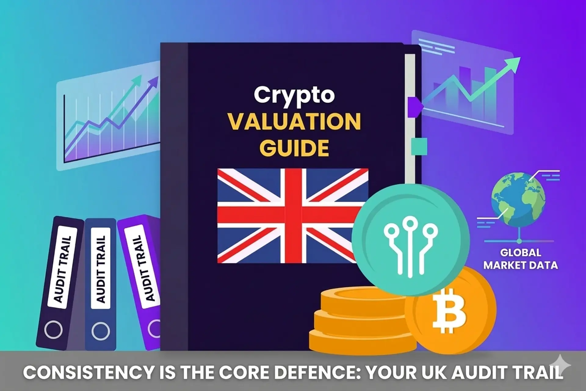 Abstract illustration of cryptocurrency tokens being converted into British pounds for tax valuation.