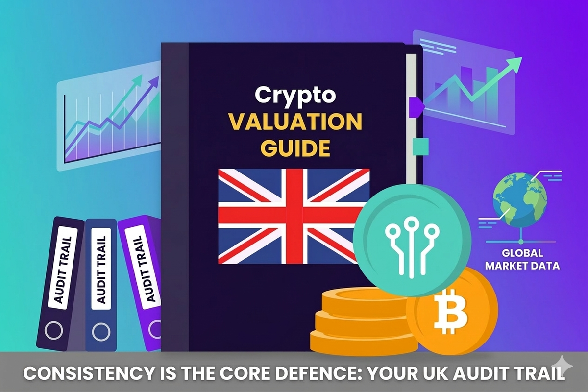 Abstract illustration of cryptocurrency tokens being converted into British pounds for tax valuation.