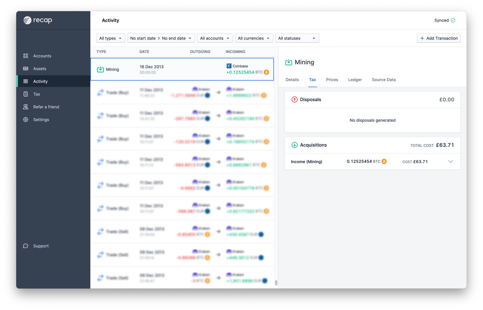 A screenshot of activity in Recap showing how mining income is processed for tax