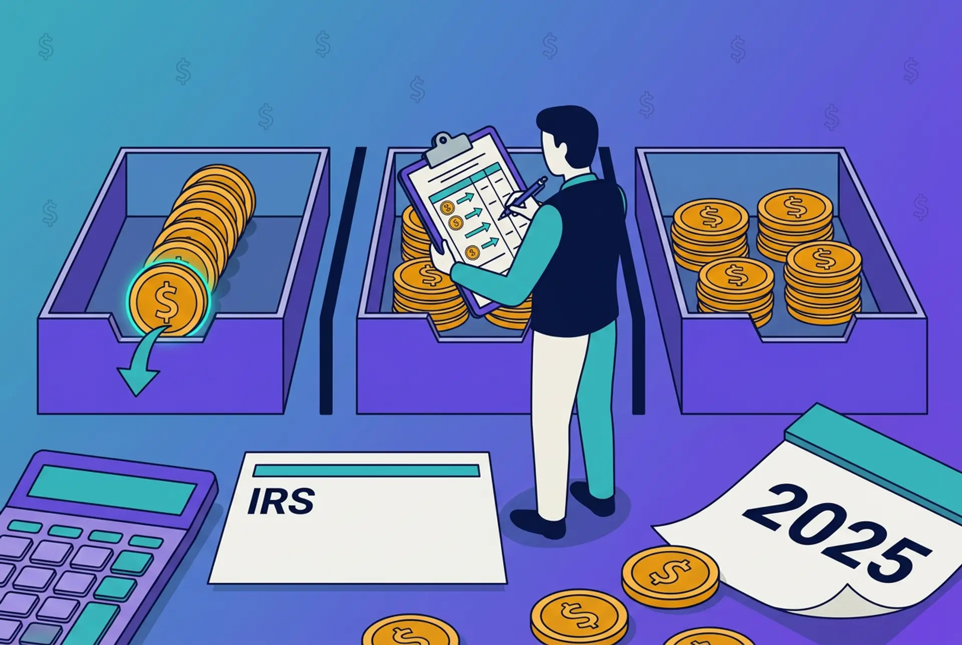 Narrative editorial scene on Recap's house teal-to-violet gradient for the US 2025 per-wallet cost basis rules: a flat-vector accountant records coins from three separate labelled wallet trays (kept visually apart with divider lines), with the left tray's front gold dollar coin sliding out first to show FIFO order confined within a single wallet, next to a plain text-only IRS letterhead envelope, a calculator, and a torn calendar reading 2025.