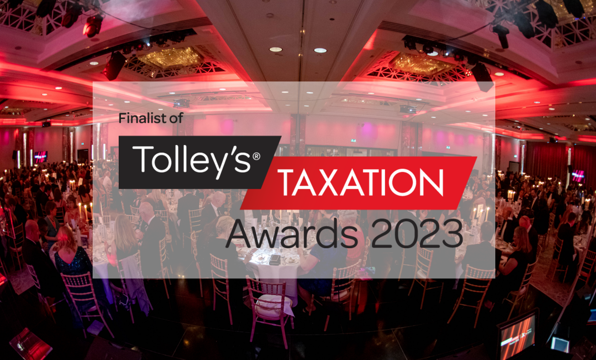 Tolley's Taxation Awards 2023 logo overlaid on a panoramic photograph of the awards dinner