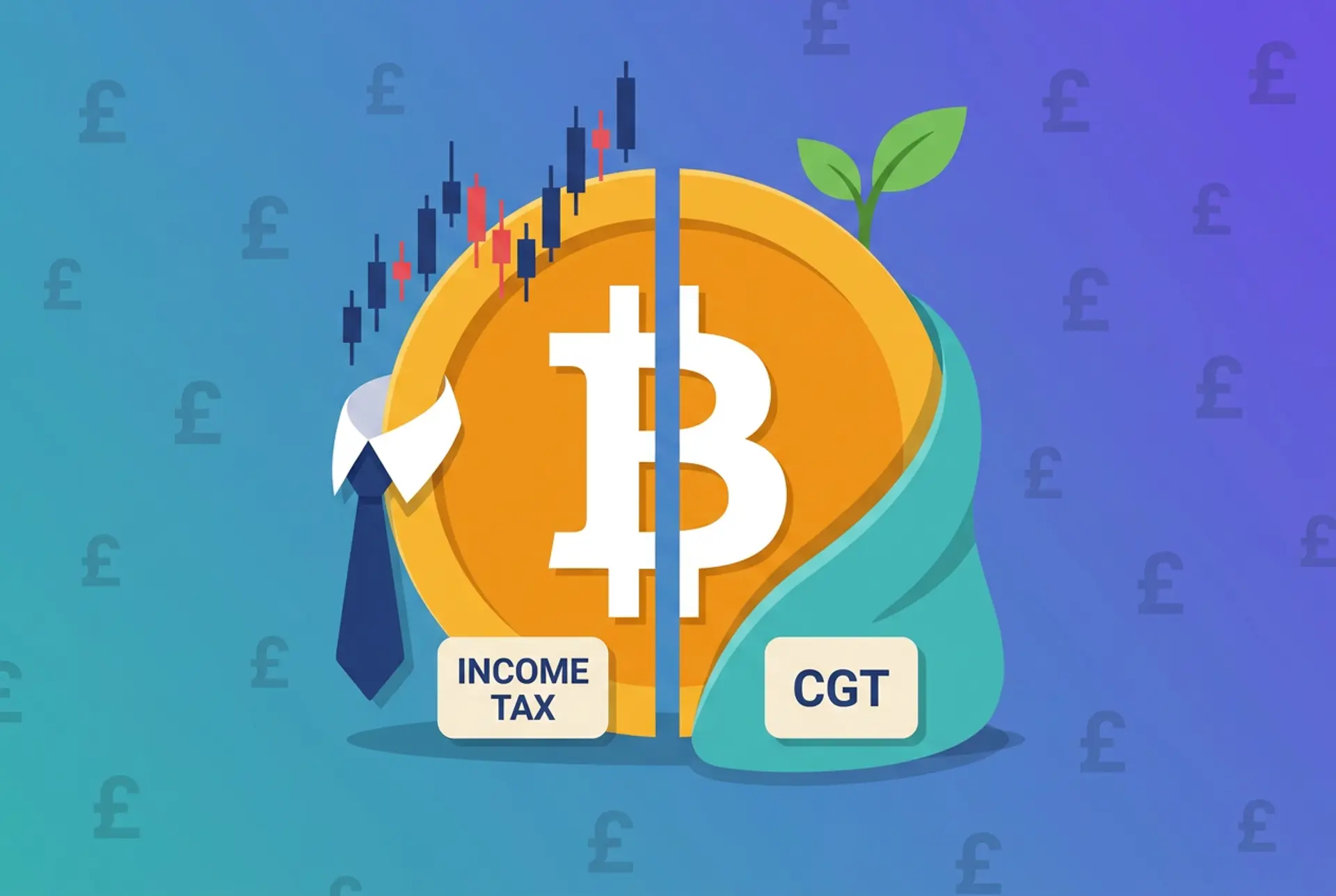 Single-metaphor flat-vector illustration for a UK crypto trader-vs-investor tax article: one large gold Bitcoin coin split down the middle, one half wearing a shirt collar and tie with a rising candlestick chart and an INCOME TAX tag, the other half wrapped in a soft teal blanket with a sprouting seedling and a CGT tag, on Recap's teal-to-violet house gradient with a faint £ glyph pattern and no HMRC crest shown.