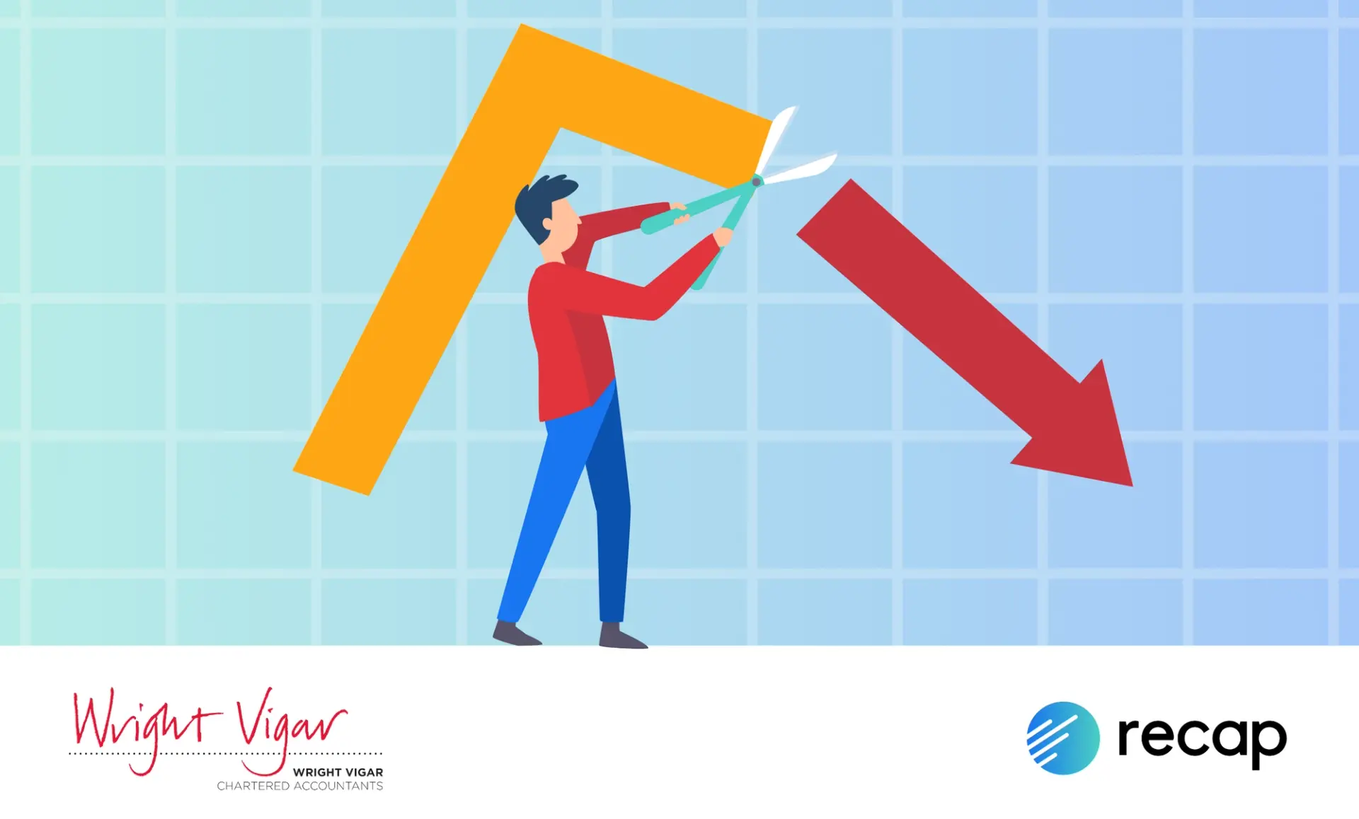 Illustration of a male cutting through a downwards arrow representing cutting losses