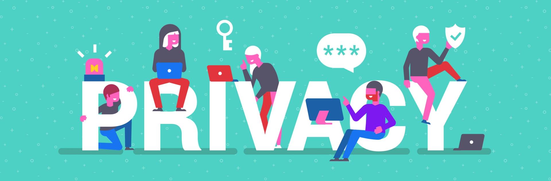 An illustration of a group of men and women with computers amongst large letters spelling out privacy