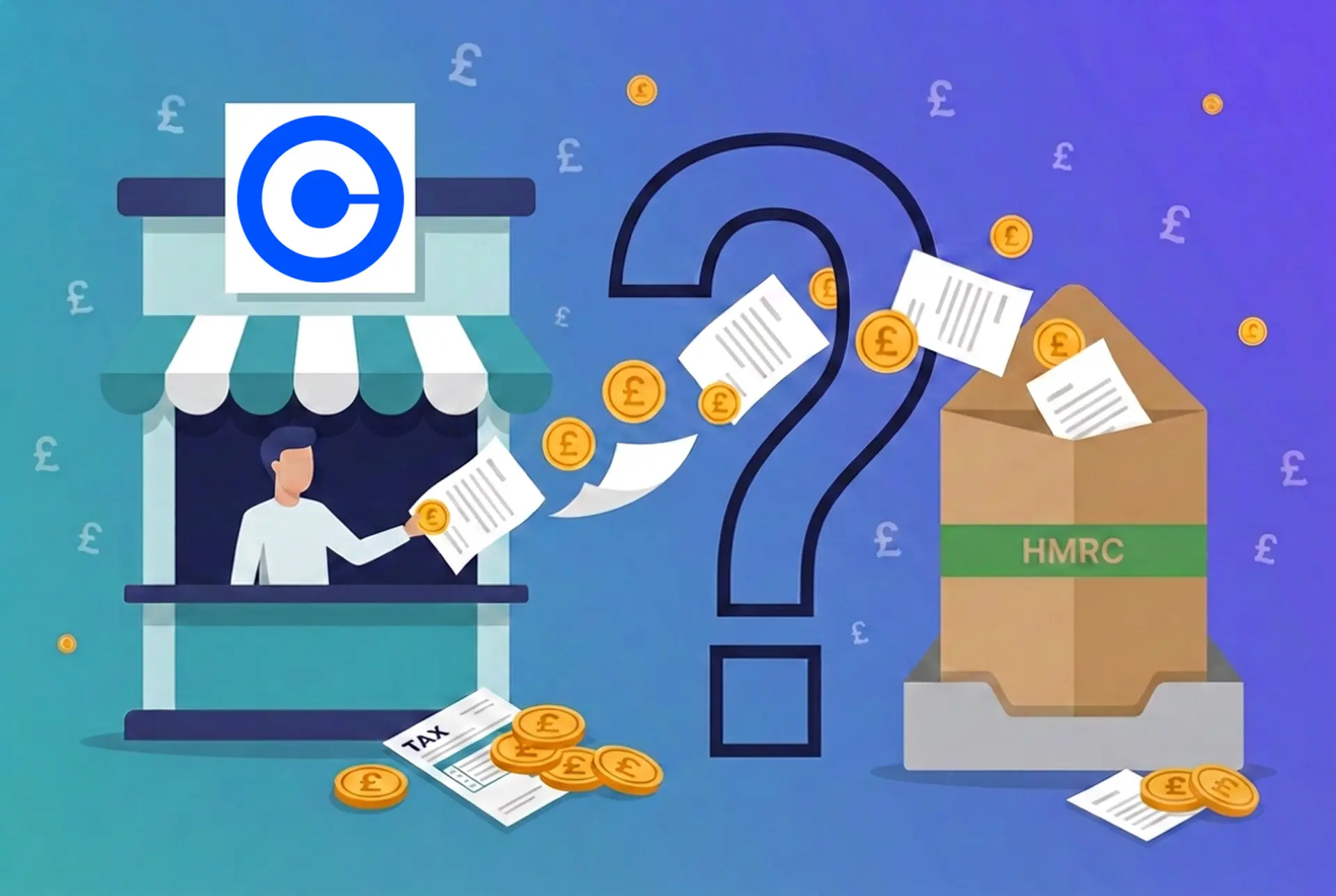 Narrative flat-vector illustration for the UK 'Does X report to HMRC?' series: a Coinbase exchange kiosk with the real Coinbase mark centred in a blank white sign tile hands documents and gold £ coins through a large outlined question-mark gate into an oversized kraft HMRC envelope on an in-tray, on Recap's house teal-to-violet gradient with a faint pound-sterling glyph pattern.