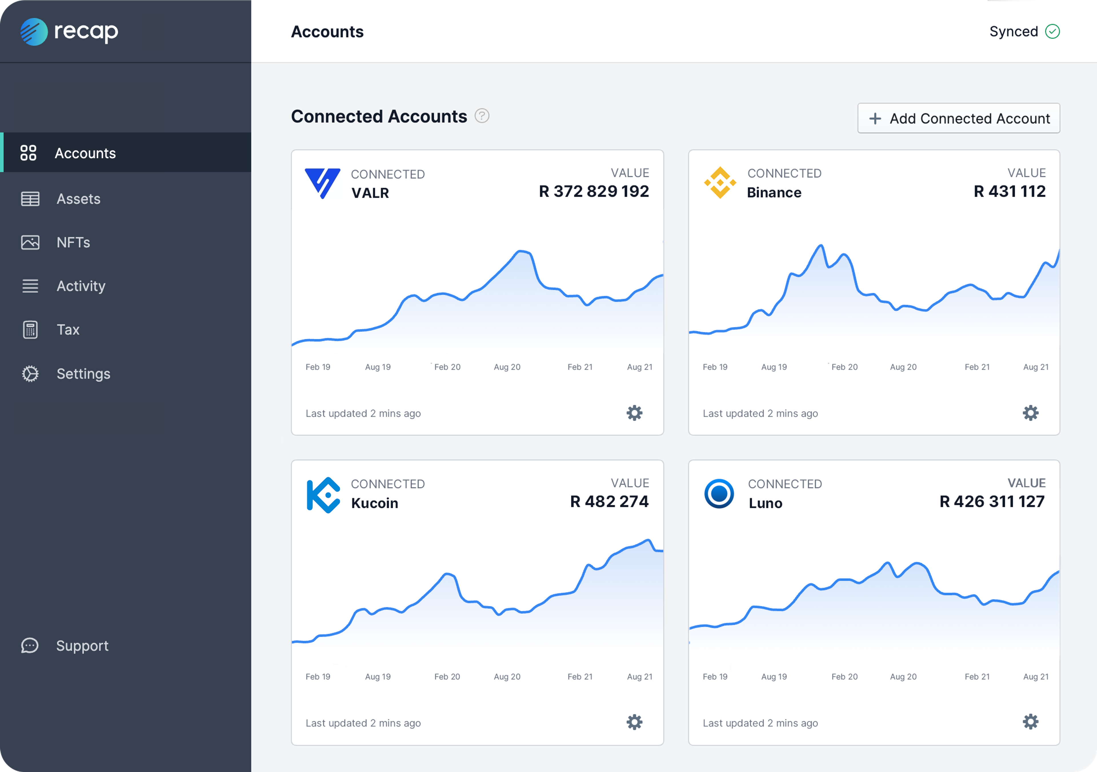 The Recap accounts page showing a crypto investor's connected exchanges