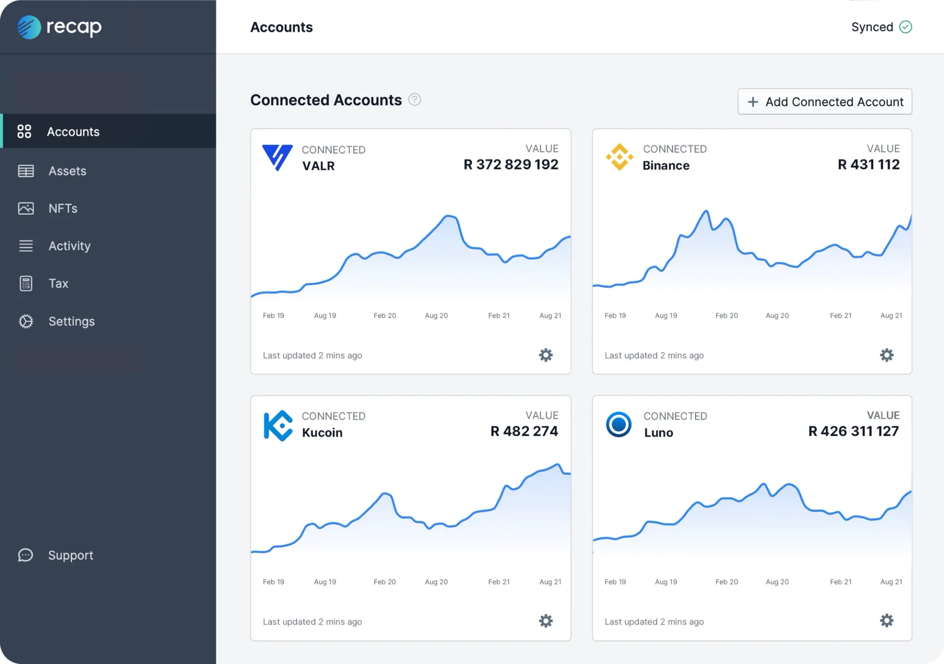 The Recap accounts page showing a crypto investor's connected exchanges