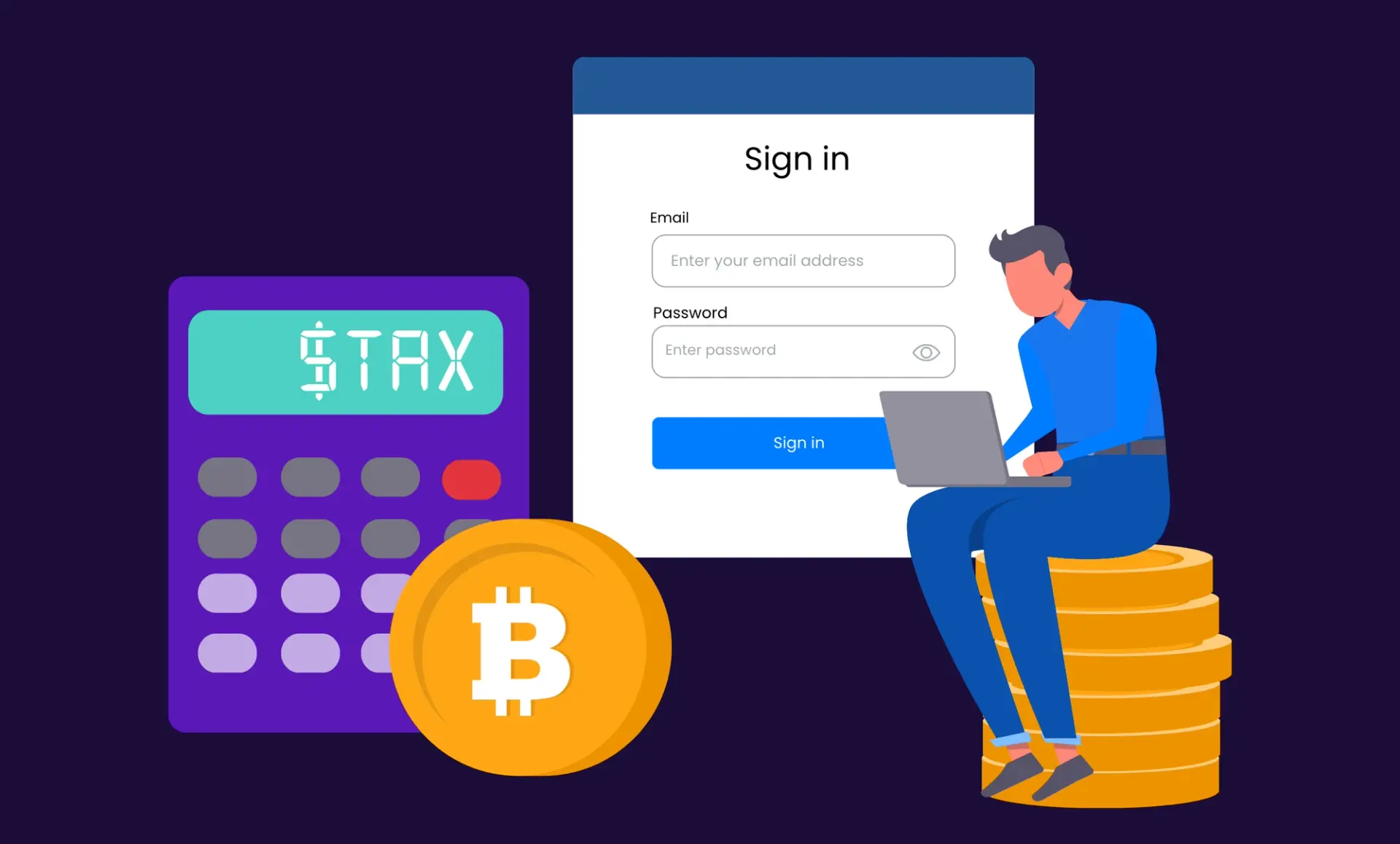 Illustration of a person sitting on stacked Bitcoins using a laptop, next to a large purple calculator displaying '$TAX', with a sign-in form in the background.