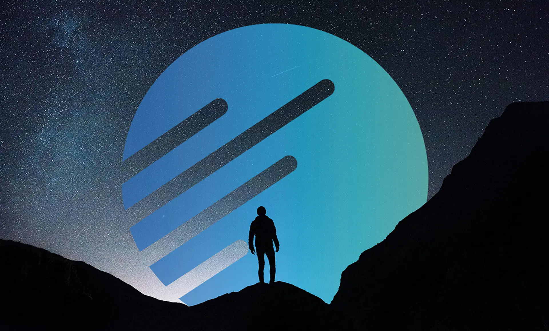 A man at the top of a mountain with a dark sky and the recap logo behind him.