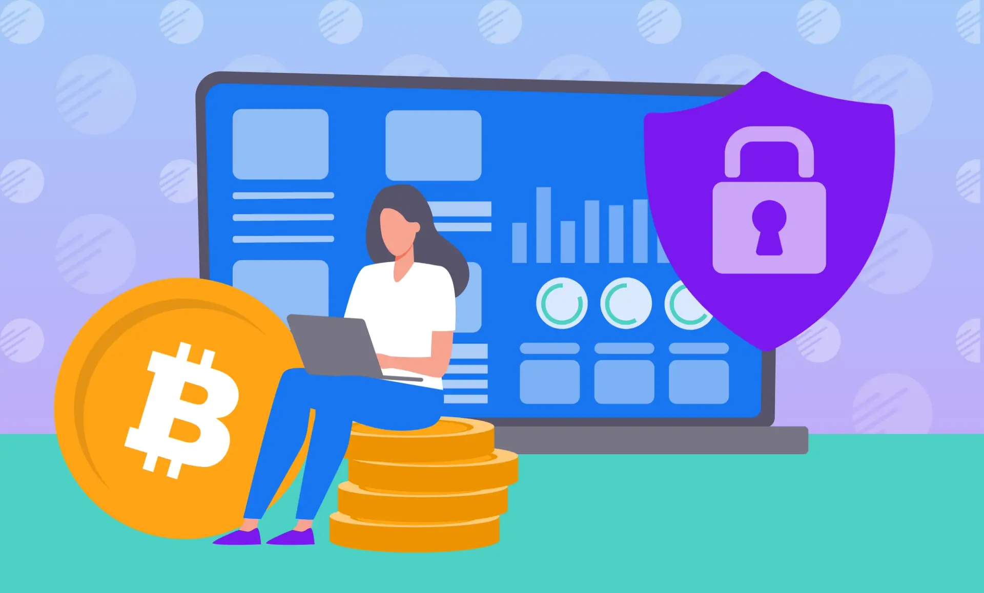 Illustration of a female using a laptop sitting on a pile of Bitcoin. Behind her is a view of a screen dashboard with a shield and padlock overlayed suggesting security.