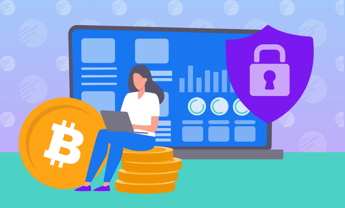Illustration of a female using a laptop sitting on a pile of Bitcoin. Behind her is a view of a screen dashboard with a shield and padlock overlayed suggesting security.