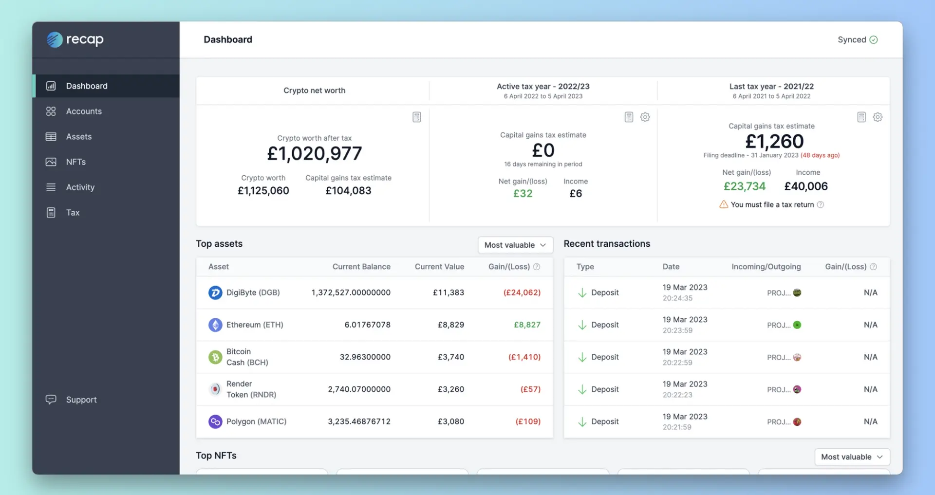 Recap's UK dashboard helps crypto investors keep track of their capital gains and identifies assets with losses optimal for tax loss harvesting