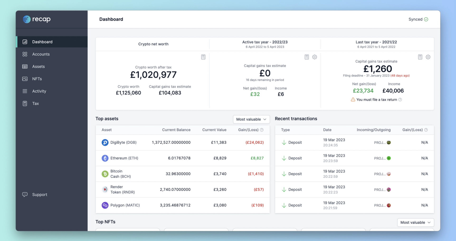 Recap's UK dashboard helps crypto investors keep track of their capital gains and identifies assets with losses optimal for tax loss harvesting