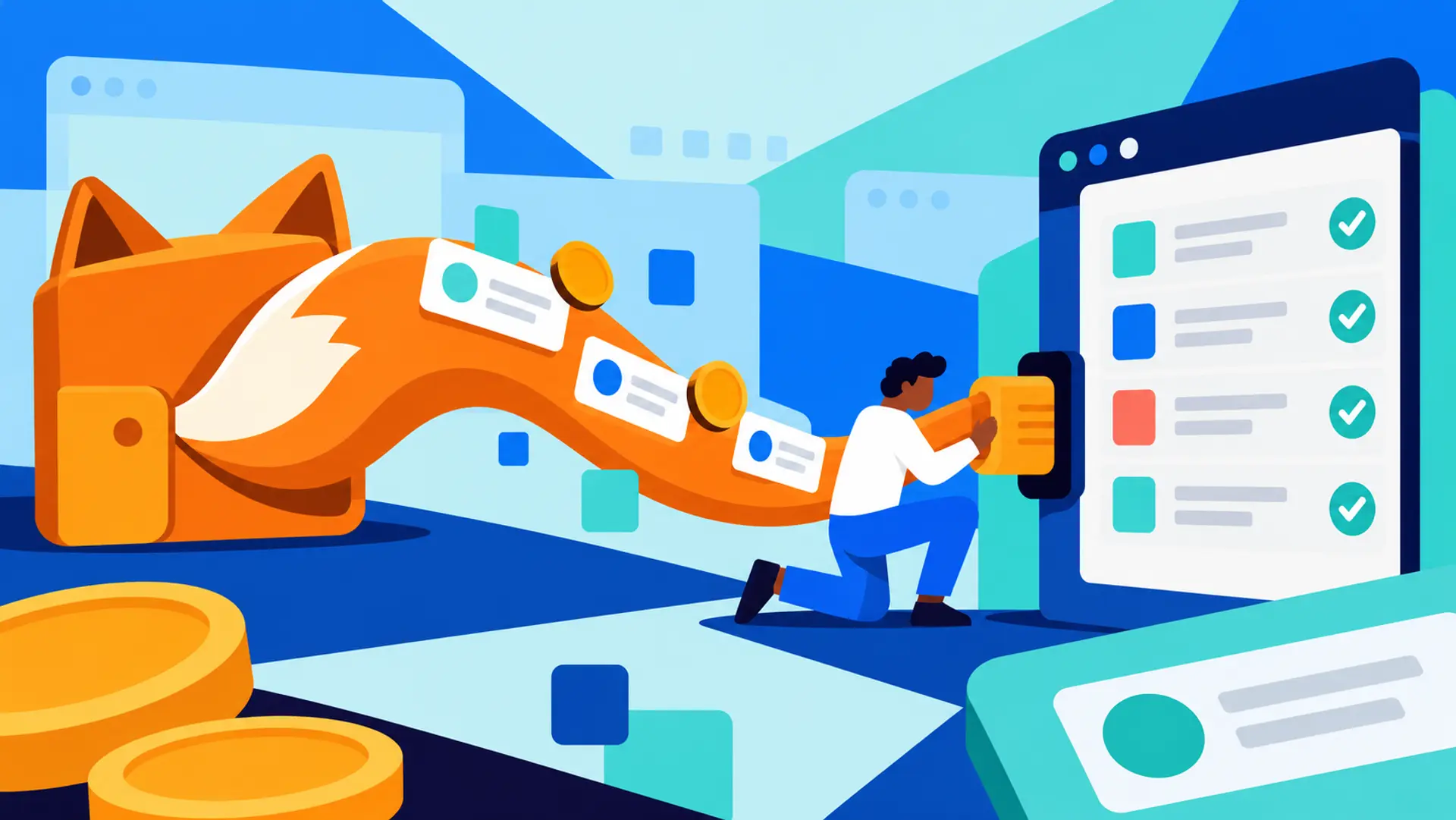 A stylised fox wallet streams transactions into a Recap checklist screen as a person connects the two.