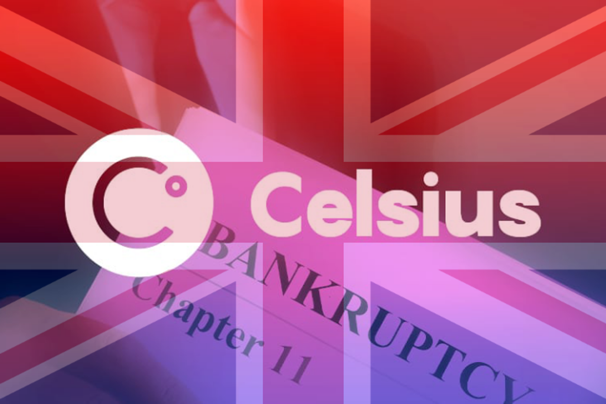 Chapter 11 Bankruptcy paper with Celsius logo and Union Jack flag overlaid. Recap blog: Celsius bankruptcy hands UK crypto investors a tax nightmare.