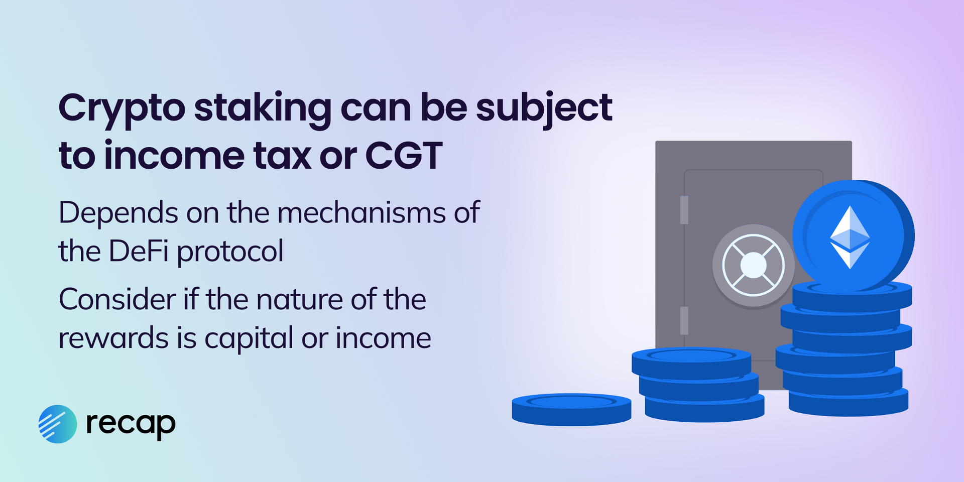 Infographic stating that crypto staking can be subject to income tax or capital gains tax depending on the mechanisms of the DeFi protocol, also consider if the nature of the rewards is capital or income