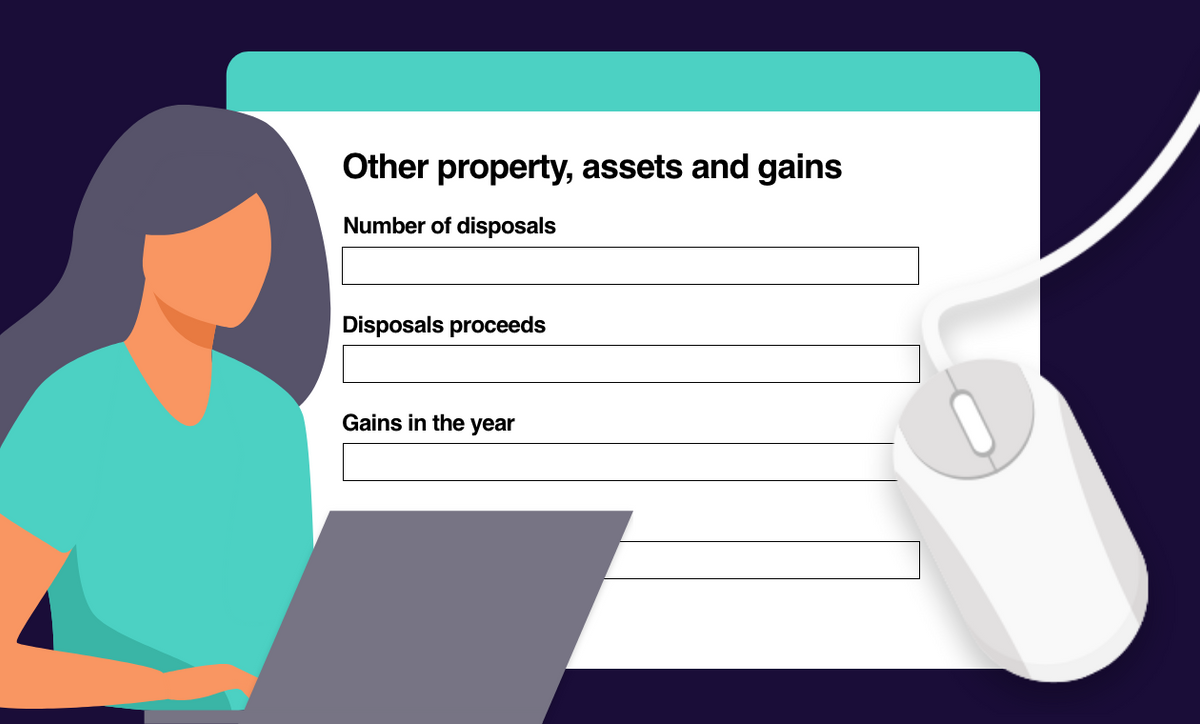 Illustration of a woman filling in a form "Other property, assets and gains" on her laptop