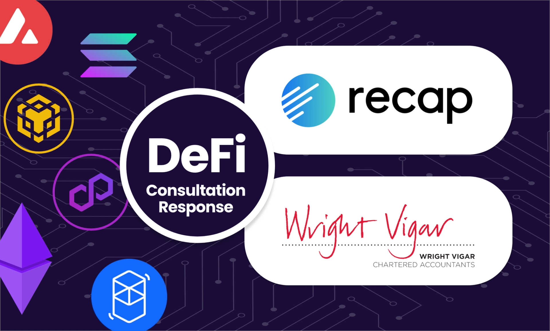 Recap and Wright Vigar logos on an abstract DeFi background with logos of DeFi companies including Ethereum, BSC and Solana