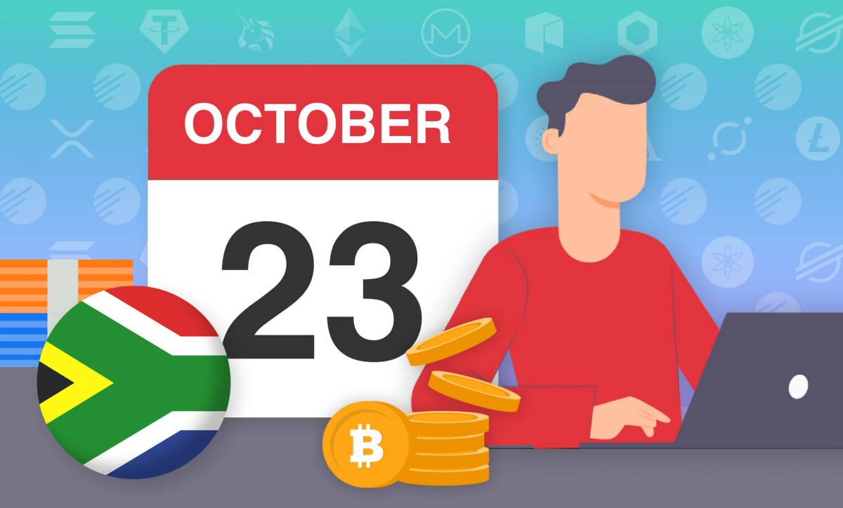 Illustration of a male typing on a laptop, next to him is a calendar, 23 October, the South African flag and pile of Bitcoin.